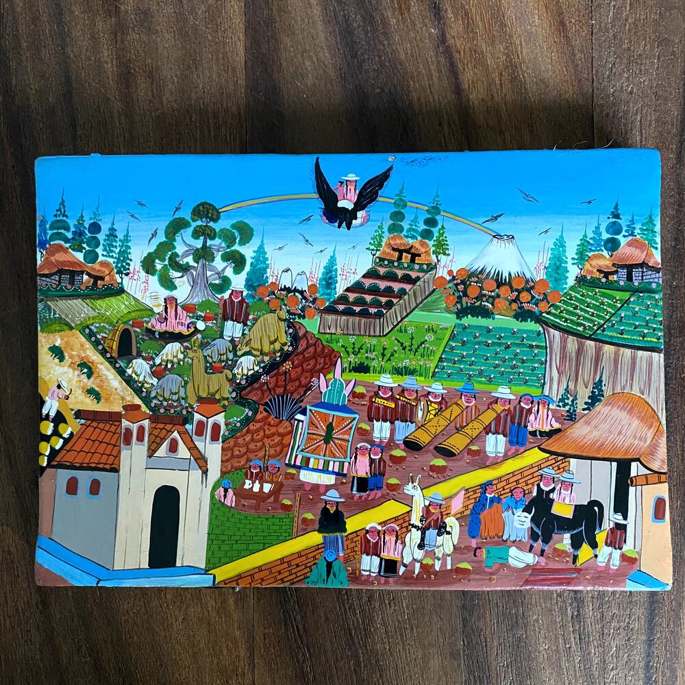 Tigua Painting Andean Village Ecuador Folk Art Handpainted Sheepskin 5x7 Vintage